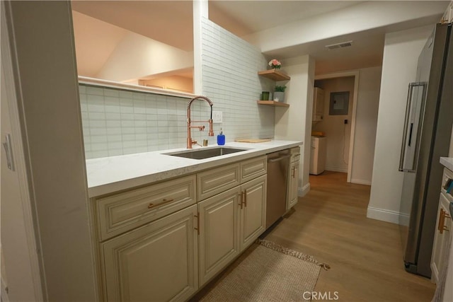 6670 Cozy Wood Ct, Whittier, CA 90601 - kitchen with a sink, stainless steel appliances, open shelves, backsplash, and light wood-type flooring