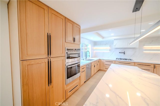 24701 Sarah Ln, Lake Forest, CA 92630 - kitchen with appliances with stainless steel finishes, light brown cabinets, a sink, a raised ceiling, and recessed lighting