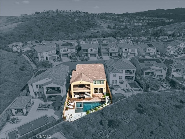47 Cielo Azul, Mission Viejo, CA 92692 - aerial view of residential area featuring a mountainous background and property boundaries highlighted