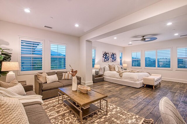 47 Cielo Azul, Mission Viejo, CA 92692 - living area with dark wood-style flooring, baseboards, a ceiling fan, and recessed lighting