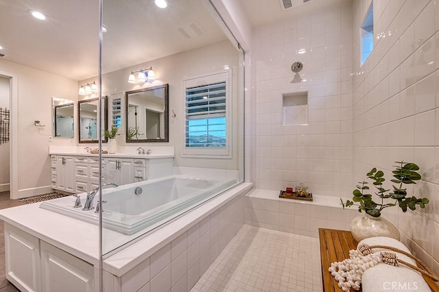 47 Cielo Azul, Mission Viejo, CA 92692 - full bathroom featuring double vanity, a bath, tile patterned flooring, and recessed lighting
