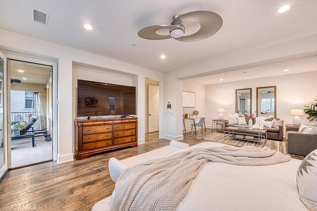 47 Cielo Azul, Mission Viejo, CA 92692 - bedroom featuring wood finished floors, access to exterior, recessed lighting, baseboards, and a ceiling fan