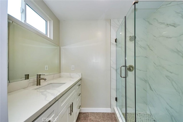 17721 Alexander Pl, Cerritos, CA 90703 - full bathroom featuring baseboards, a marble finish shower, and vanity