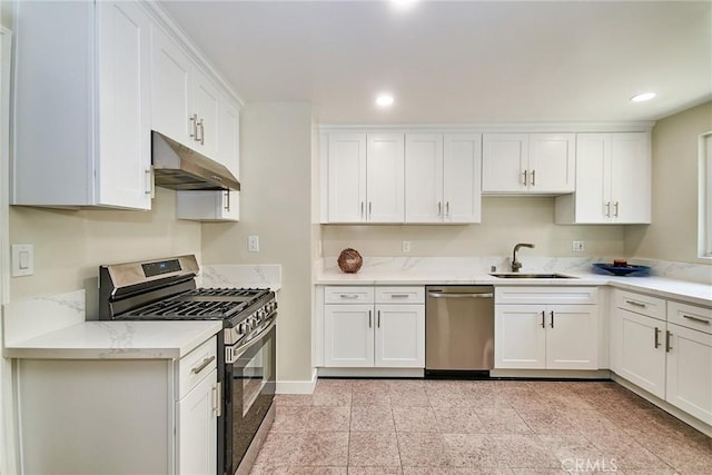 17721 Alexander Pl, Cerritos, CA 90703 - kitchen featuring stainless steel appliances, under cabinet range hood, a sink, white cabinetry, and recessed lighting
