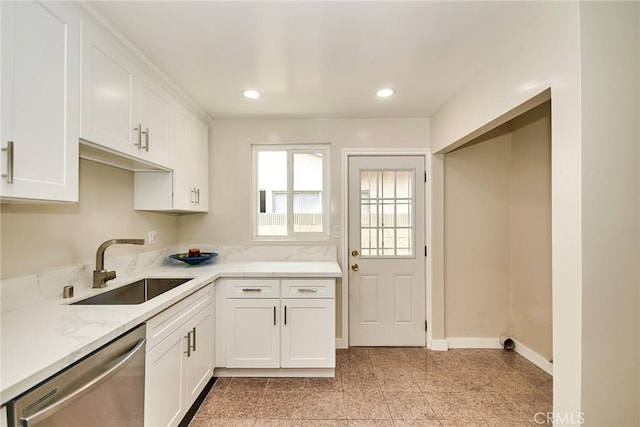 17721 Alexander Pl, Cerritos, CA 90703 - kitchen with dishwasher, a sink, white cabinetry, recessed lighting, and light stone counters