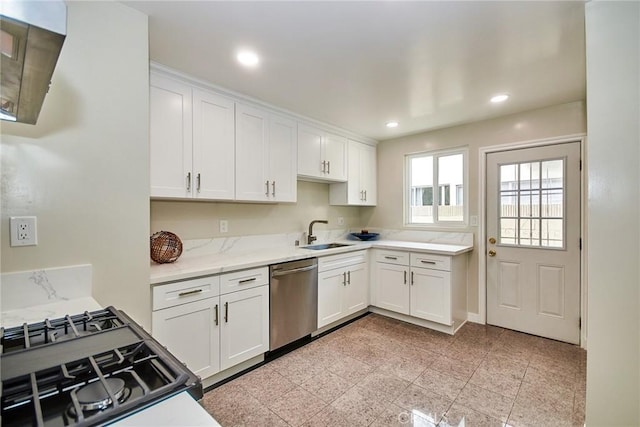17721 Alexander Pl, Cerritos, CA 90703 - kitchen featuring dishwasher, gas range oven, a sink, white cabinets, and granite floors