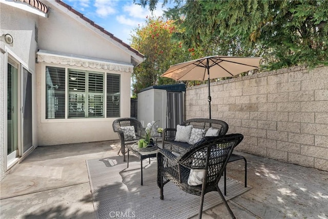 2 Chestnut Dr, Aliso Viejo, CA 92656 - view of patio / terrace with an outdoor hangout area and a shed