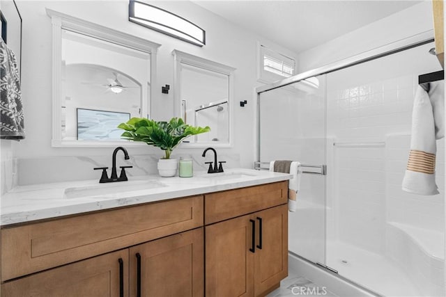 2 Chestnut Dr, Aliso Viejo, CA 92656 - full bathroom with a stall shower, double vanity, and ceiling fan