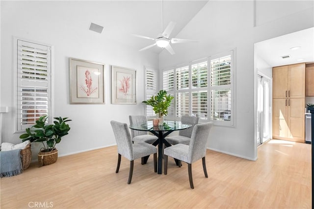 2 Chestnut Dr, Aliso Viejo, CA 92656 - dining room featuring light wood-type flooring, ceiling fan, high vaulted ceiling, and baseboards