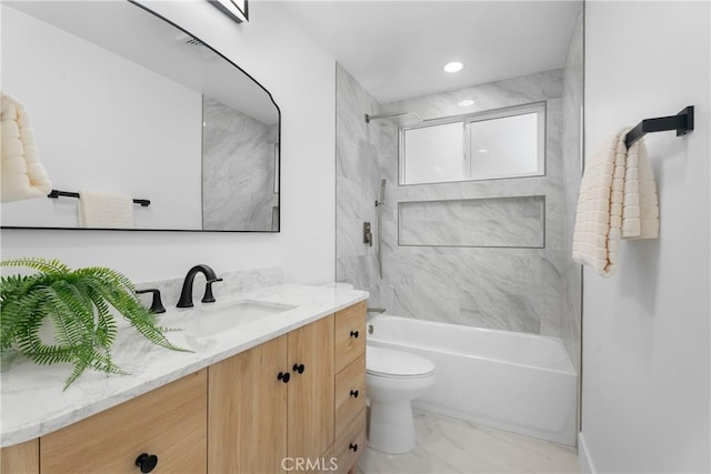 109 Loyola, Seal Beach, CA 90740 - bathroom with marble finish floors, vanity, toilet,  shower combination, and recessed lighting