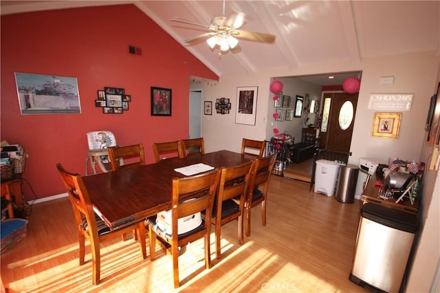 2026 Mirasol, North Tustin, CA 92705 - dining room with light wood-style floors, ceiling fan, and vaulted ceiling