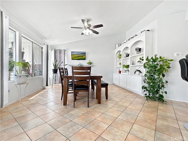 16395 Cuyama Way, Apple Valley, CA 92307 - dining area with light tile patterned flooring, ceiling fan, and vaulted ceiling