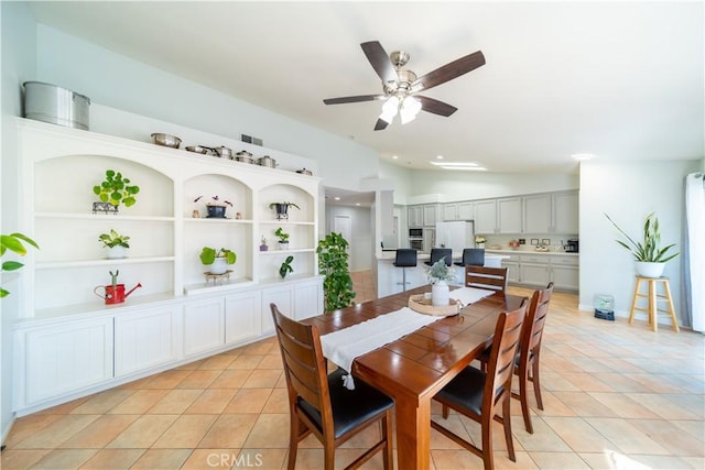 16395 Cuyama Way, Apple Valley, CA 92307 - dining space with light tile patterned floors, ceiling fan, and lofted ceiling