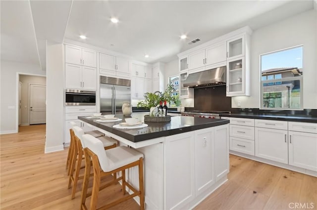 56 Chasma, Irvine, CA 92618 - kitchen with stainless steel appliances, under cabinet range hood, white cabinetry, light wood-style flooring, and dark countertops