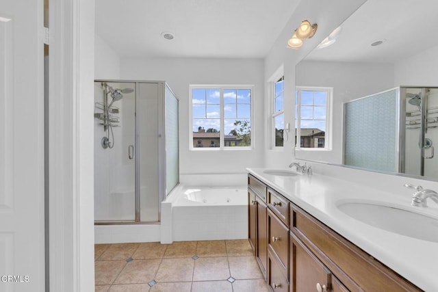 40197 Gallatin Ct, Temecula, CA 92591 - bathroom with a shower stall, a tub with jets, tile patterned floors, and double vanity
