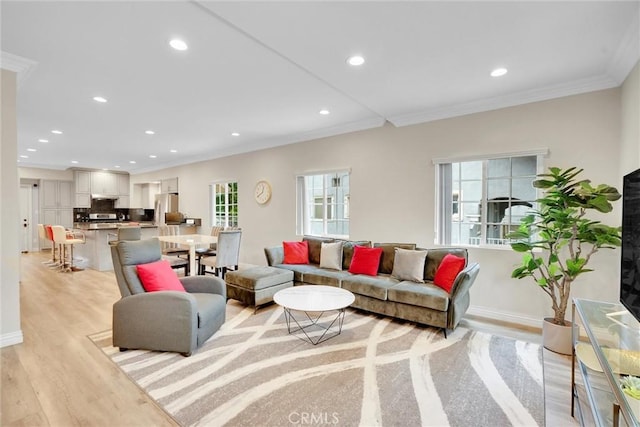 1826 N Berendo St, Los Angeles, CA 90027 - living area featuring crown molding, light wood-style floors, and recessed lighting