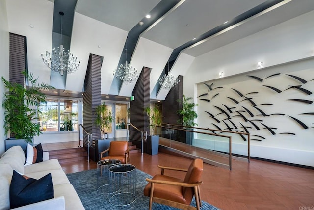 community lobby with a high ceiling