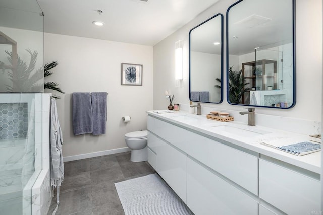 full bathroom with a shower, toilet, baseboards, double vanity, and recessed lighting