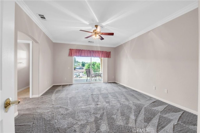 23651 Cruise Circle Dr, Canyon Lake, CA 92587 - spare room with carpet, ceiling fan, crown molding, arched walkways, and baseboards