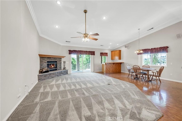 23651 Cruise Circle Dr, Canyon Lake, CA 92587 - living room with ornamental molding, baseboards, vaulted ceiling, ceiling fan, and recessed lighting