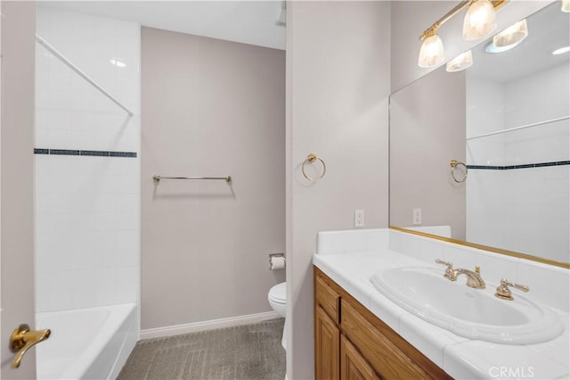 23651 Cruise Circle Dr, Canyon Lake, CA 92587 - bathroom featuring toilet, baseboards, vanity, and tub / shower combination