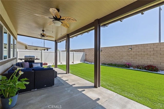 29628 Dotted Mint, Winchester, CA 92596 - view of patio with an outdoor living space, ceiling fan, and grilling area