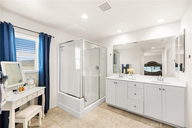29628 Dotted Mint, Winchester, CA 92596 - ensuite bathroom with a shower stall, tile patterned flooring, double vanity, and recessed lighting