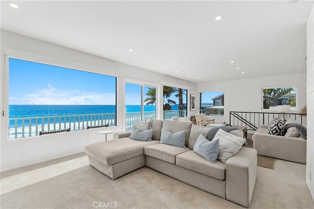 35581 Beach Rd, Dana Point, CA 92624 - living area with recessed lighting, healthy amount of natural light, carpet flooring, and a water view