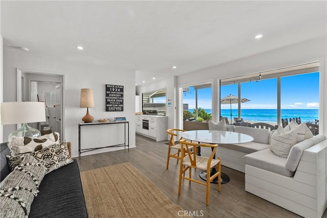 35581 Beach Rd, Dana Point, CA 92624 - living room featuring wood finished floors, a water view, and recessed lighting