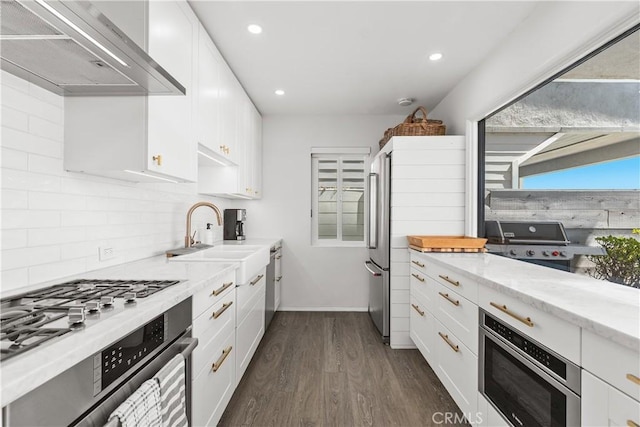 35581 Beach Rd, Dana Point, CA 92624 - kitchen with wall chimney range hood, a sink, appliances with stainless steel finishes, dark wood-style flooring, and recessed lighting