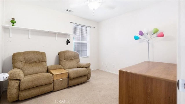 3261 James Ct, Lancaster, CA 93535 - living area featuring ceiling fan, light carpet, and baseboards