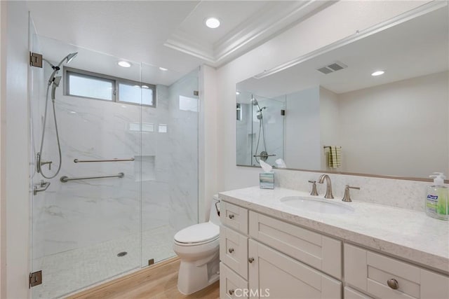 5110 Via Donaldo, Yorba Linda, CA 92886 - full bathroom featuring toilet, a marble finish shower, vanity, recessed lighting, and wood finished floors