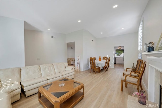 5110 Via Donaldo, Yorba Linda, CA 92886 - living area with a fireplace, light wood-style flooring, recessed lighting, and lofted ceiling