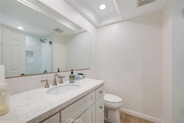 5110 Via Donaldo, Yorba Linda, CA 92886 - full bathroom featuring a shower, wood finished floors, vanity, recessed lighting, and a raised ceiling