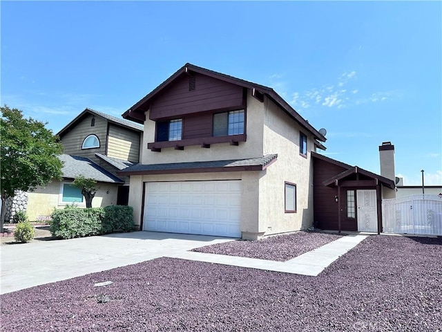 traditional-style house with stucco siding, an attached garage, driveway, a gate, and fence