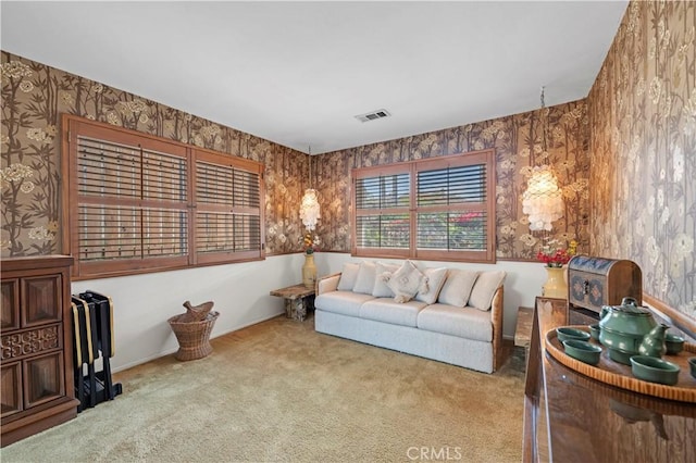 23316 Gray Fox Dr, Canyon Lake, CA 92587 - living area with carpet, wallpapered walls, and baseboards