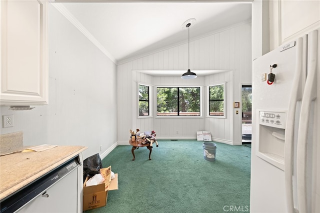 179 Chippewa Ln, Lake Arrowhead, CA 92352 - kitchen with white refrigerator with ice dispenser, crown molding, carpet floors, lofted ceiling, and hanging light fixtures