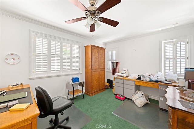 179 Chippewa Ln, Lake Arrowhead, CA 92352 - carpeted office space with ornamental molding and a ceiling fan