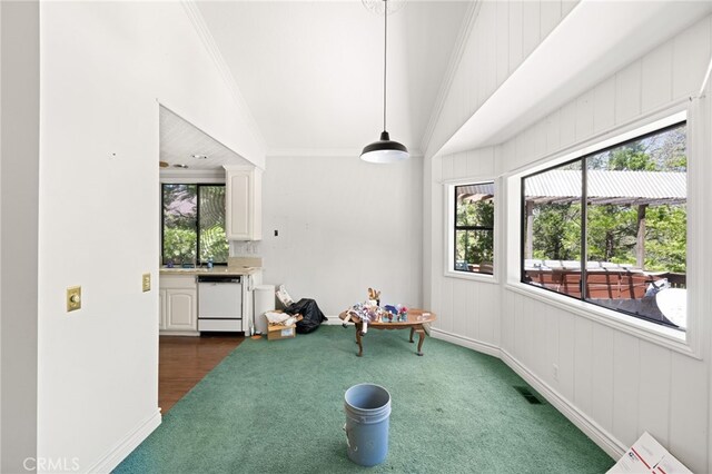 179 Chippewa Ln, Lake Arrowhead, CA 92352 - playroom with ornamental molding, plenty of natural light, dark carpet, baseboards, and lofted ceiling