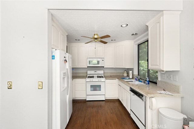 179 Chippewa Ln, Lake Arrowhead, CA 92352 - kitchen featuring white appliances, a ceiling fan, dark wood-type flooring, a sink, and white cabinets