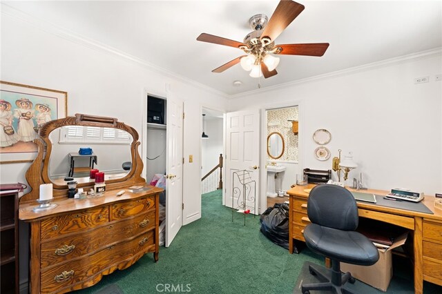 179 Chippewa Ln, Lake Arrowhead, CA 92352 - carpeted home office featuring a ceiling fan and ornamental molding