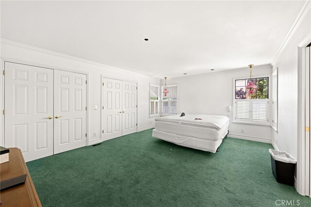 179 Chippewa Ln, Lake Arrowhead, CA 92352 - carpeted bedroom featuring multiple closets, ornamental molding, and baseboards