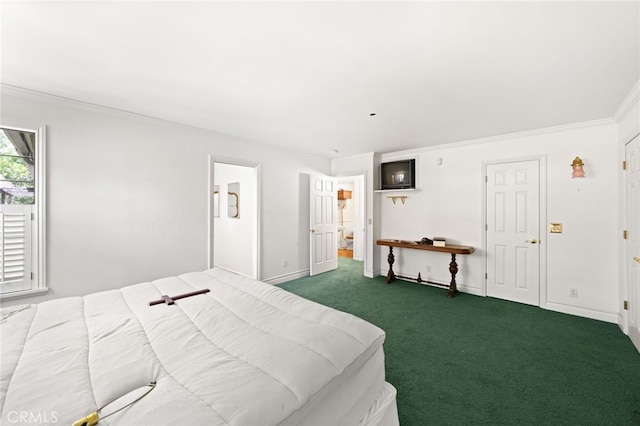 179 Chippewa Ln, Lake Arrowhead, CA 92352 - bedroom with dark carpet, ornamental molding, and baseboards