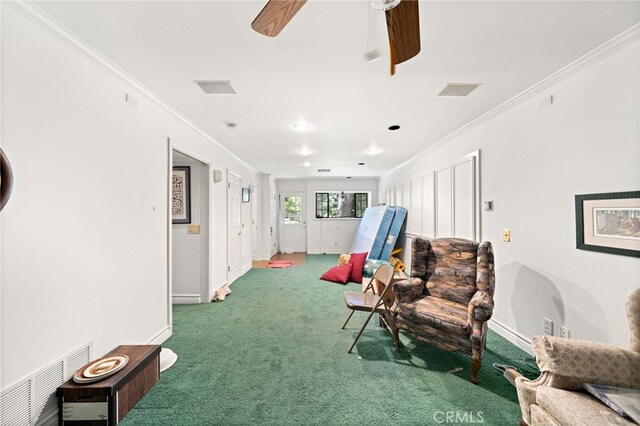 179 Chippewa Ln, Lake Arrowhead, CA 92352 - living area with carpet flooring, ornamental molding, baseboards, ceiling fan, and recessed lighting