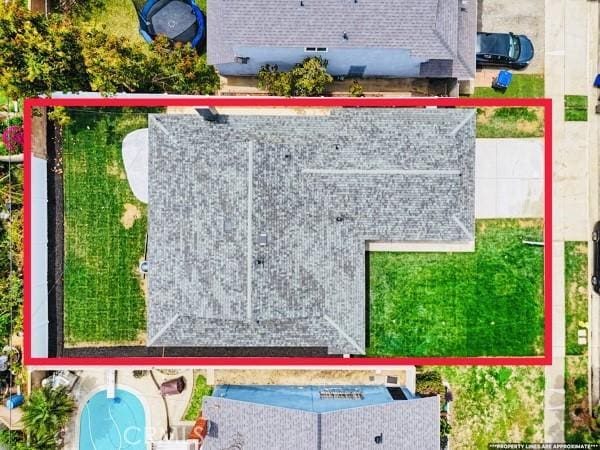1608 E Helmick St, Carson, CA 90746 - aerial view of property and surrounding area with property boundaries highlighted and a pool