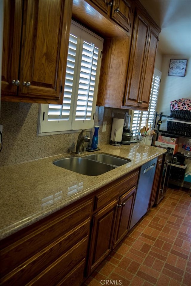 2619 Mary St, La Crescenta, CA 91214 - kitchen featuring a sink, brick flooring, light stone counters, and dishwashing machine