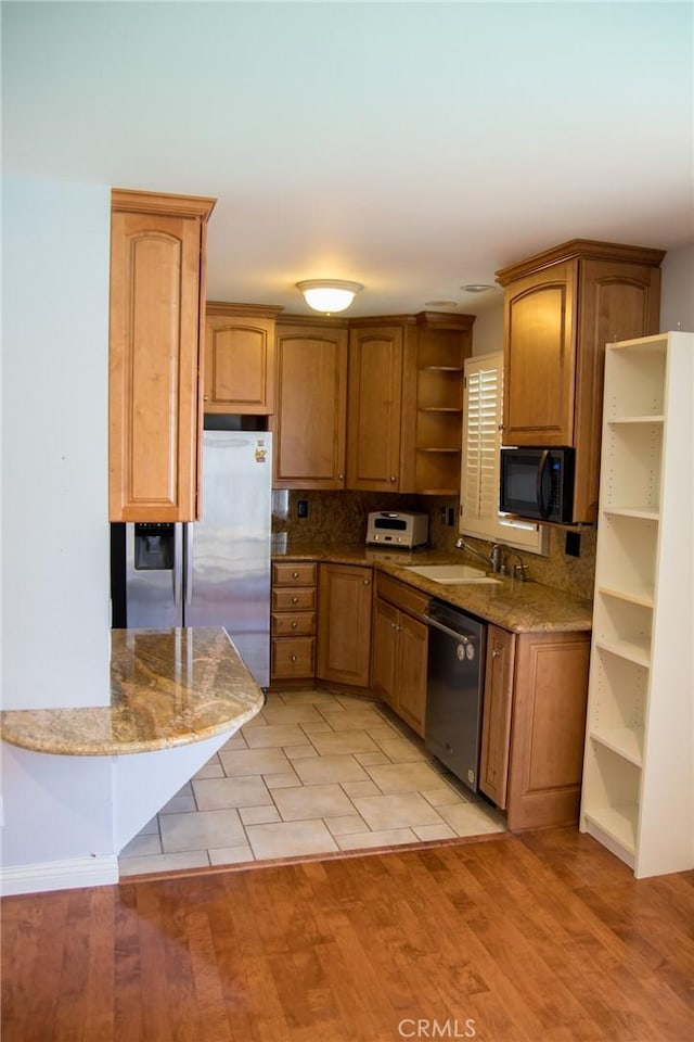 2619 Mary St, La Crescenta, CA 91214 - kitchen featuring open shelves, stainless steel appliances, a sink, tasteful backsplash, and stone countertops