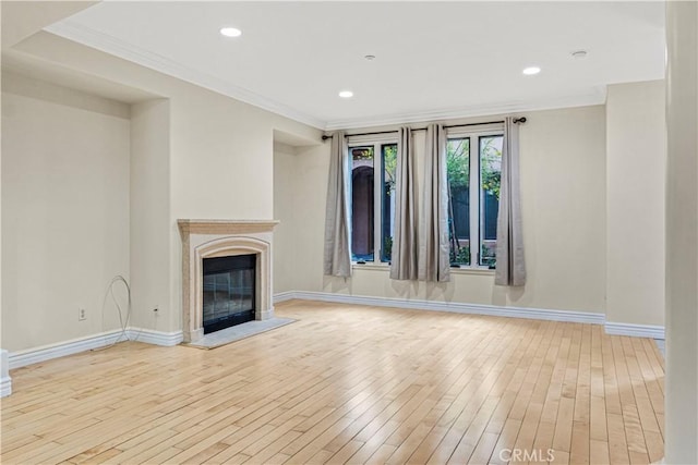 66 N Allen Ave Unit 3, Pasadena, CA 91106 - unfurnished living room with hardwood / wood-style flooring, baseboards, a premium fireplace, crown molding, and recessed lighting