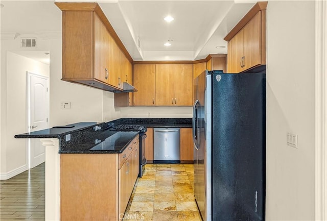 66 N Allen Ave Unit 3, Pasadena, CA 91106 - kitchen featuring stainless steel appliances, recessed lighting, dark stone countertops, brown cabinets, and a peninsula