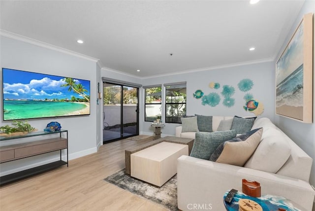 260 Cagney Ln Unit 118, Newport Beach, CA 92663 - living room featuring recessed lighting, ornamental molding, wood finished floors, and baseboards